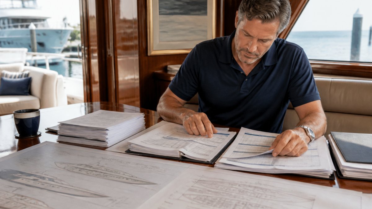 Yacht owner reviewing a budget spreadsheet and blueprints to calculate yacht refit ROI at a desk.