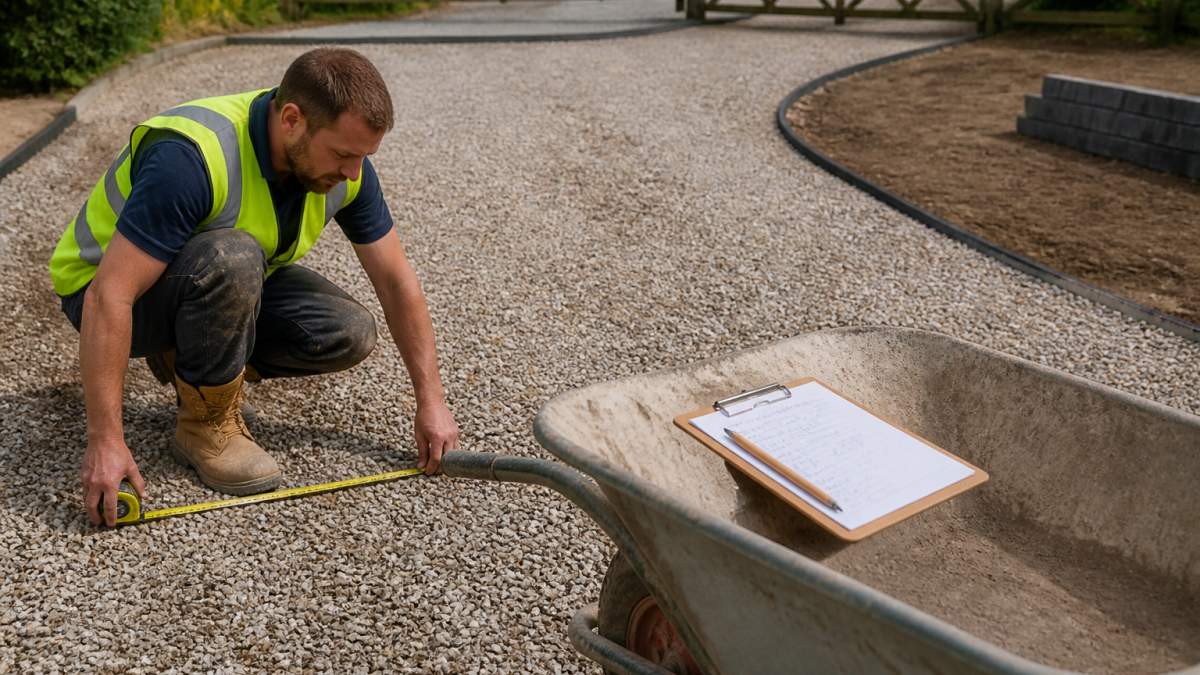 Builder measuring a gravel driveway to calculate aggregate needs for a project.
