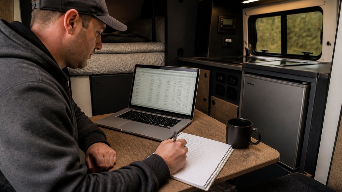 A campervan owner sitting at a small table inside their van, writing appliance power figures into a notebook beside a laptop showing a spreadsheet, with a 12V fridge and LED lights visible in the background