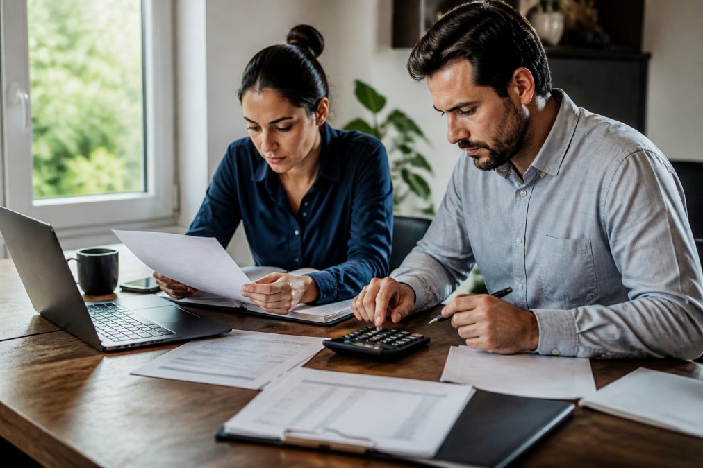 Real estate investor reviewing property financial documents, rent rolls, and operating statements while using a calculator and laptop at a wooden desk with natural window lighting