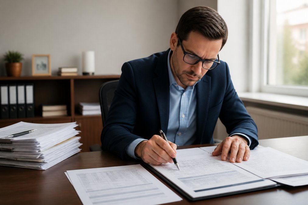 Loan officer or underwriter reviewing property financial files, debt schedules, and loan documents in a modern office with professional lighting