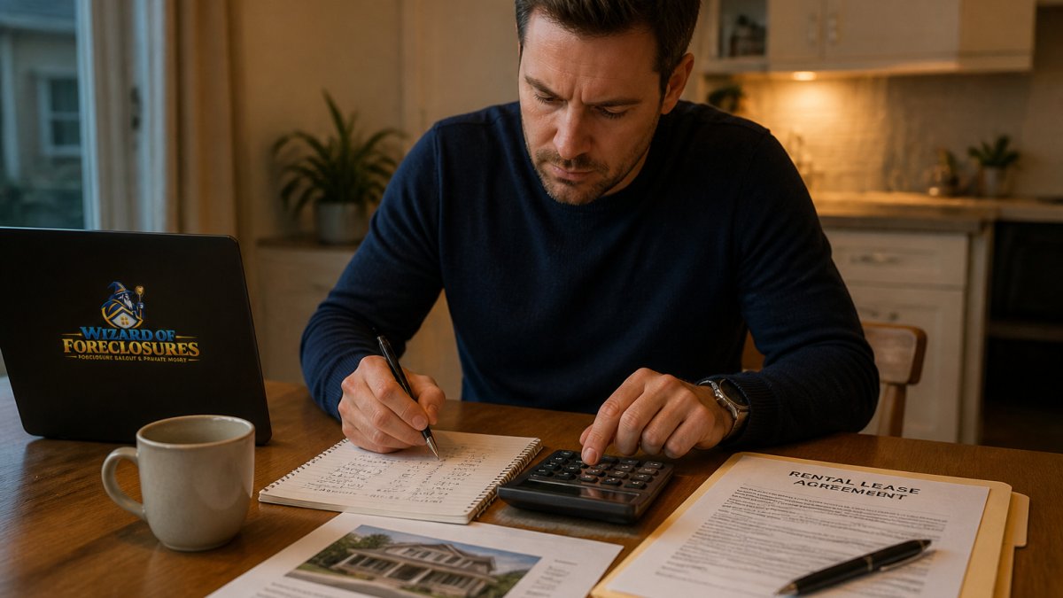 A real estate investor at a kitchen table with a laptop, rental lease documents, and a calculator, working through loan numbers by hand in warm evening light