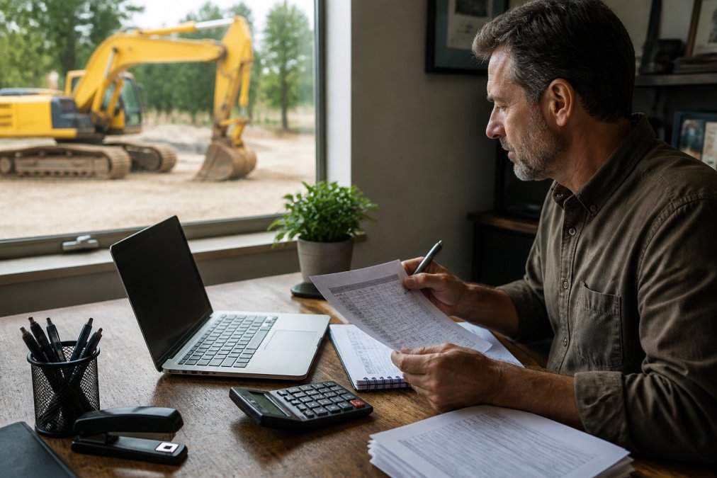 A construction business owner in a home office reviewing depreciation worksheets and financial documents on a laptop, with a calculator and pen on the desk, and a window showing a yellow excavator parked outside in the background
