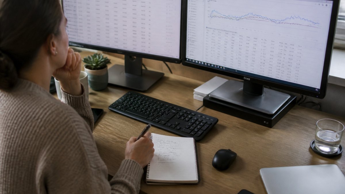 A marketing manager at a desk reviewing campaign performance on two monitors, with a notebook showing handwritten conversion figures beside the keyboard