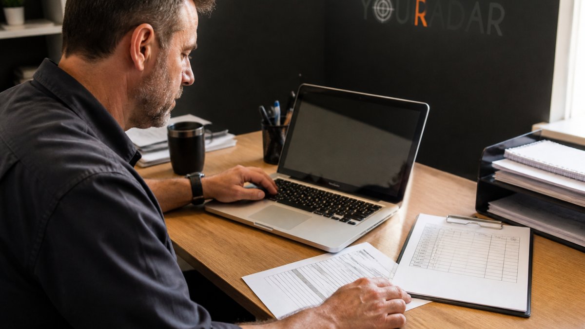 Plumbing business owner using a labor profitability calculator with job sheets at a desk