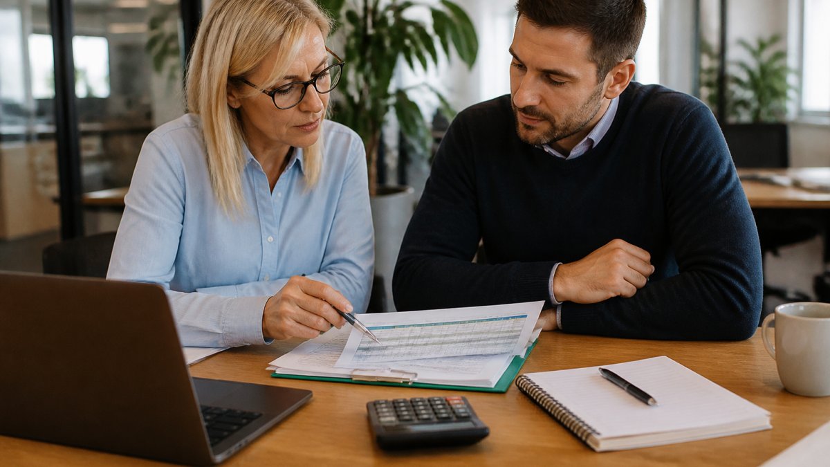 Manager and HR professional reviewing a printed budget spreadsheet at a desk with laptop, notebook, and calculator nearby, natural office lighting