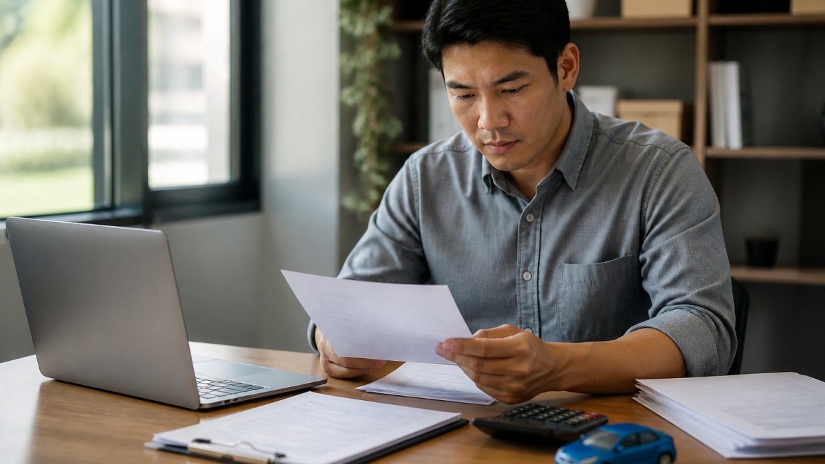 Person at a desk reviewing financial documents and loan paperwork with a laptop and calculator nearby, natural office lighting