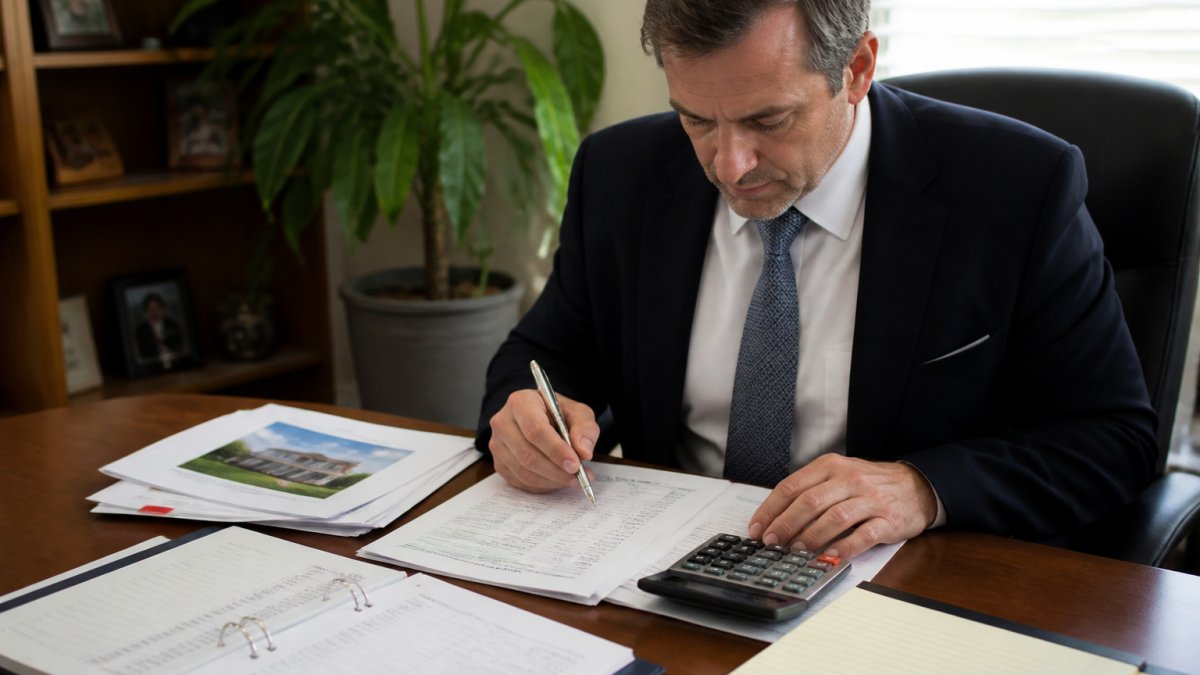 Professional in business attire reviewing financial documents and property appraisal reports at a desk with calculator and pen, focused on analyzing numbers