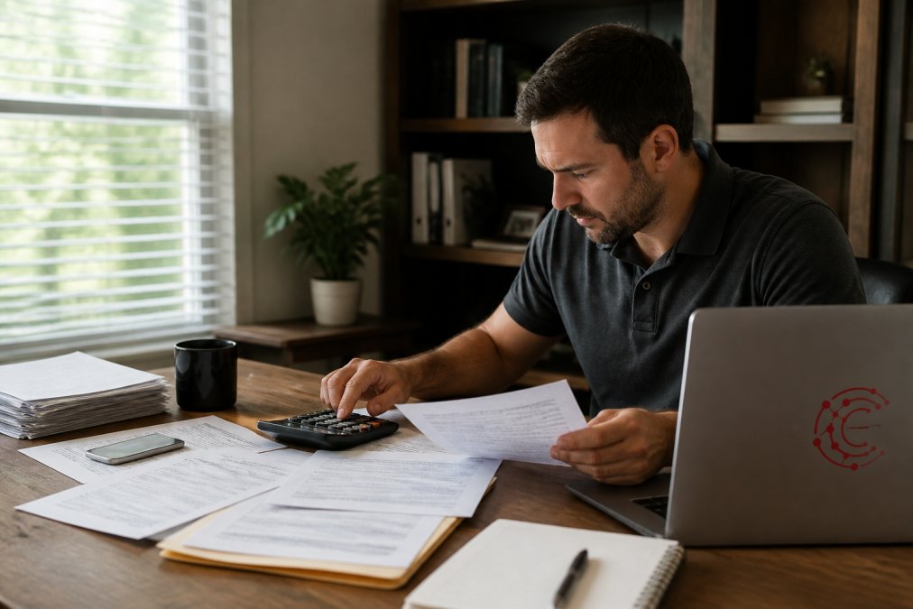 A contractor in a home office reviewing financial documents and a calculator on a desk, with a laptop showing a spreadsheet, natural light coming through a window