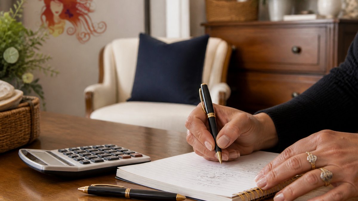 Hands writing calculations on a notepad while calculating profit margins on furniture consignment with a calculator nearby