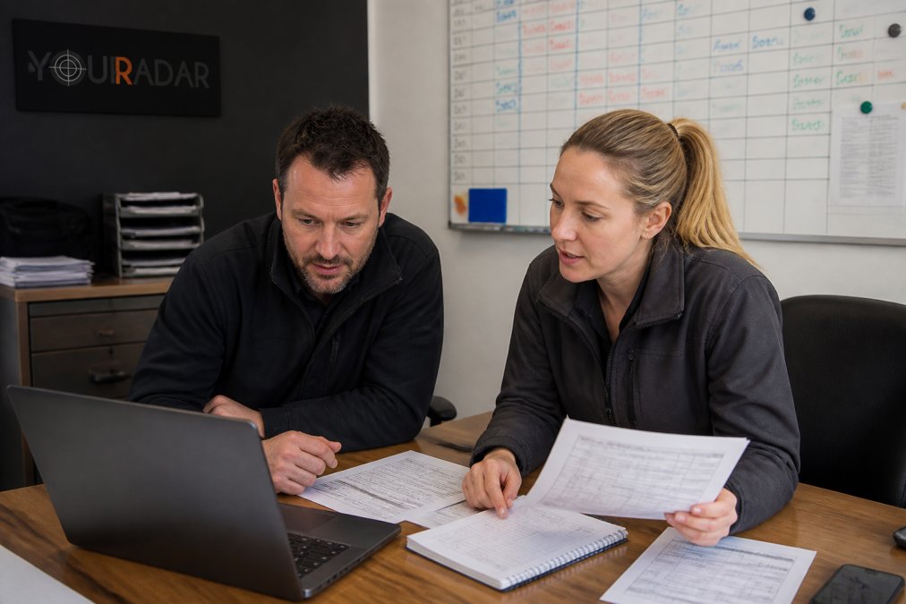 A field service operations manager and a dispatcher reviewing a laptop and printed reports at a desk in a trades office, with a whiteboard showing job schedules in the background