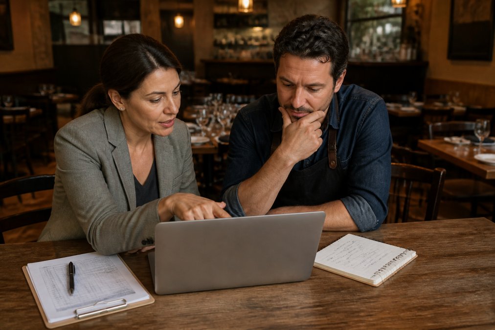 Restaurant owner and consultant reviewing a spreadsheet for calculating roi for restaurant membership programs