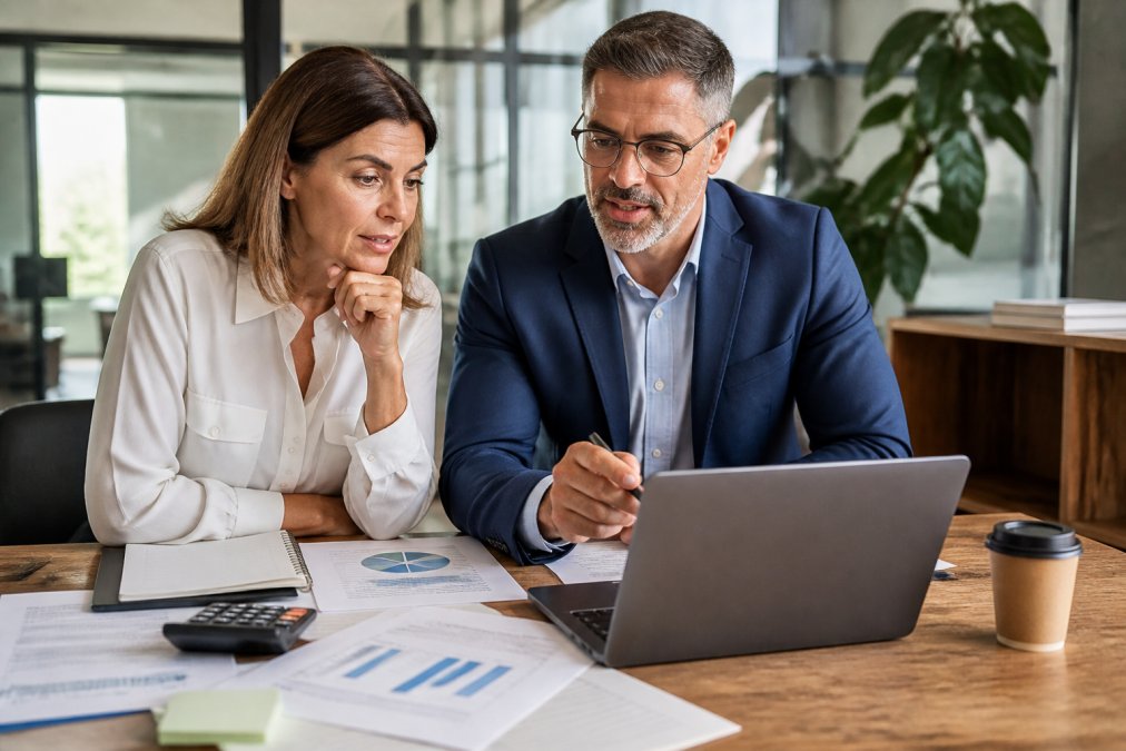 Business owner and IT manager reviewing financial reports and ROI calculations on a laptop at a desk, with spreadsheets and cost analysis documents visible