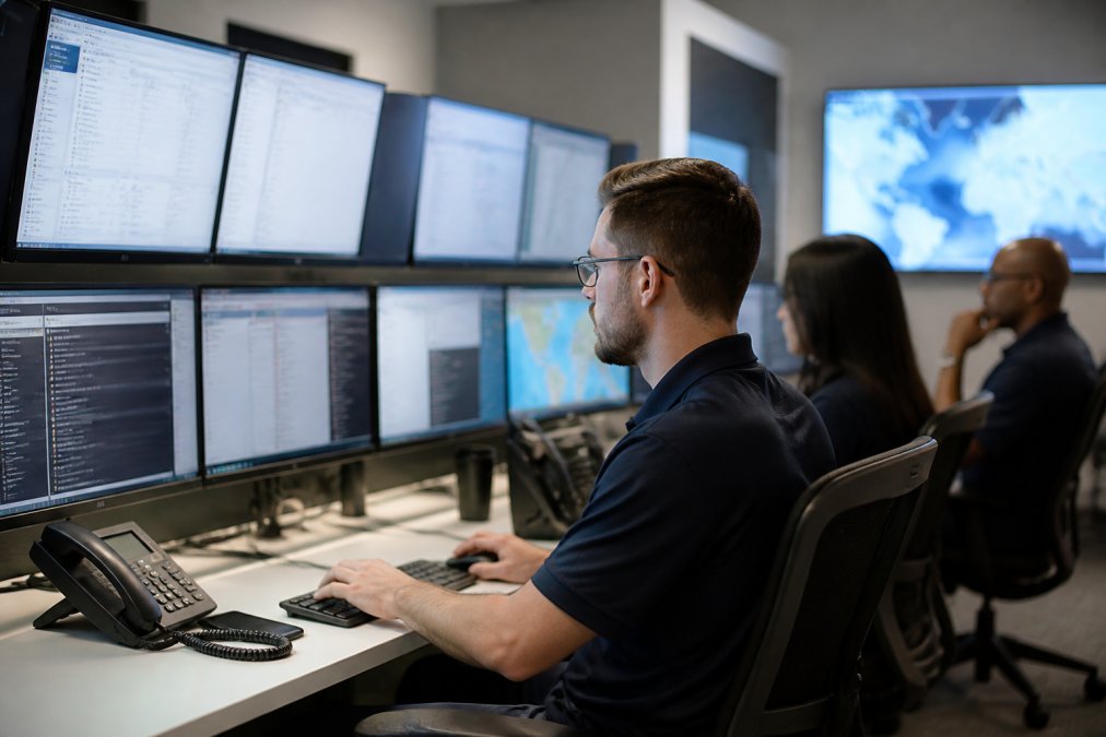 IT team monitoring network performance and uptime metrics on multiple screens in a modern operations center, showing real-time dashboard data