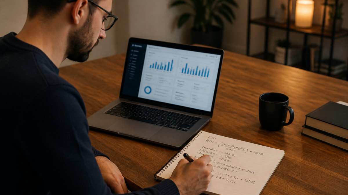 A business analyst at a desk writing numbers and formulas on a notepad beside a laptop showing an analytics dashboard, warm office lighting