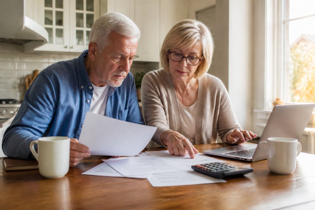 A retired couple in their early sixties reviewing tax documents and a laptop at a kitchen table, calculator and coffee mugs nearby, warm morning light through the window