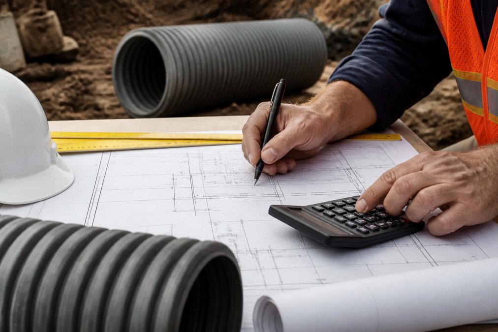 Engineer's hands working on culvert design calculations with blueprints, calculator, and measurement tools visible on a desk with site plans
