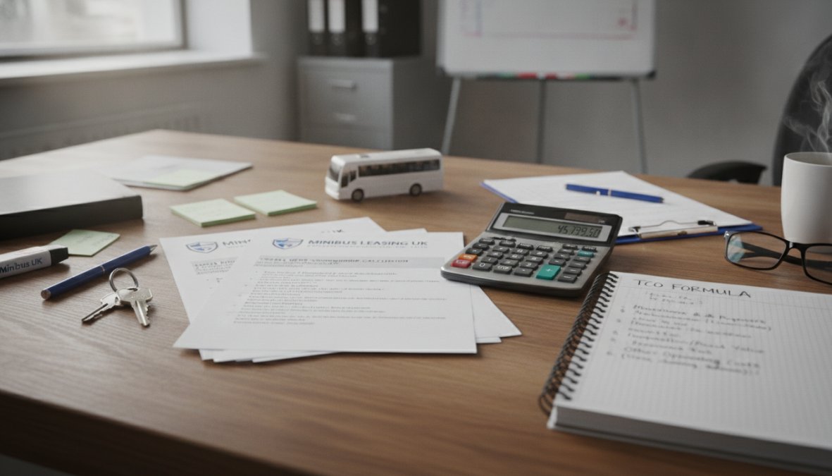 Fleet manager reviewing minibus ownership cost calculations on laptop with documents and calculator on desk, professional office setting with natural lighting