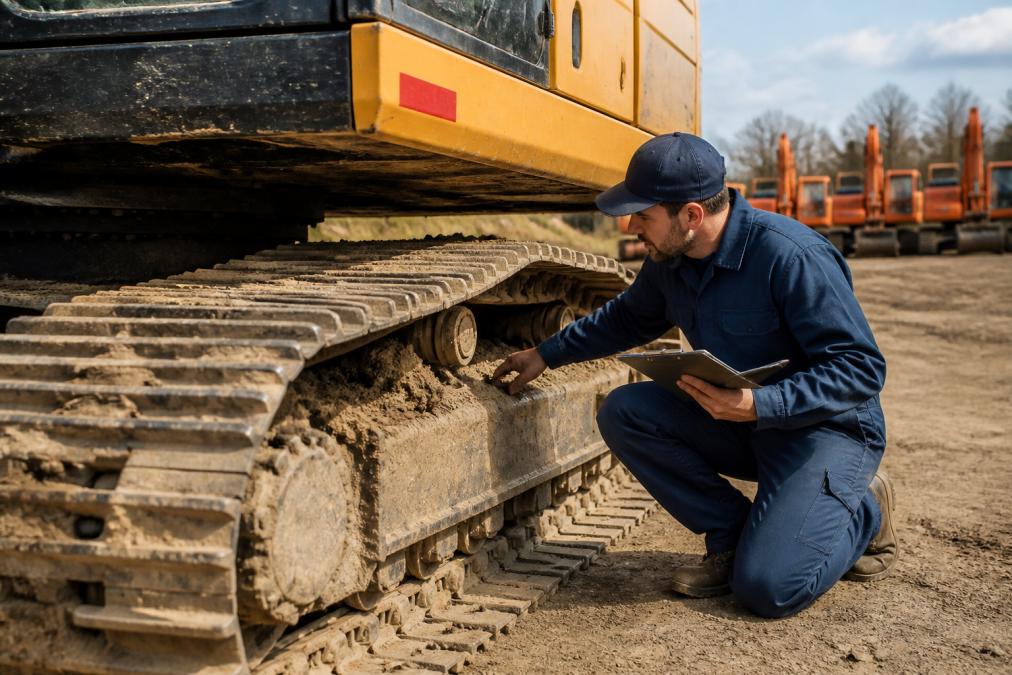 A mechanic in work clothes inspecting the undercarriage of a used excavator on a dirt lot, with a clipboard in hand and tracks visible