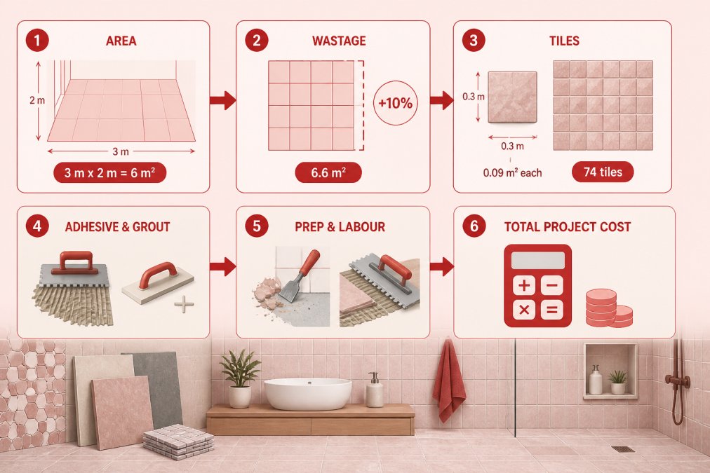 Flowchart showing six steps of a tile cost calculation: 1. Measure area (3 m x 2 m = 6 m2), 2. Add 10% wastage (6.6 m2), 3. Count tiles (74 at 0.09 m2 each), 4. Estimate adhesive and grout, 5. Add prep and labour, 6. Total project cost