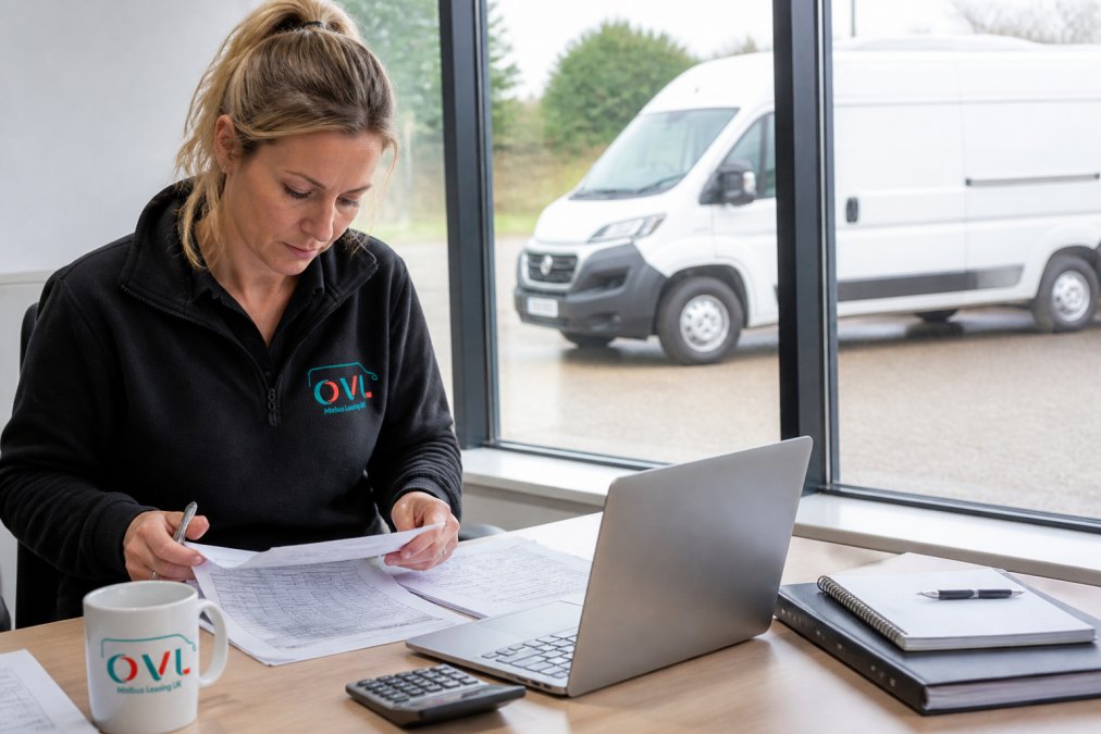 A fleet manager in a bright office reviewing printed mileage logs beside a laptop, a white panel van visible through the window behind her