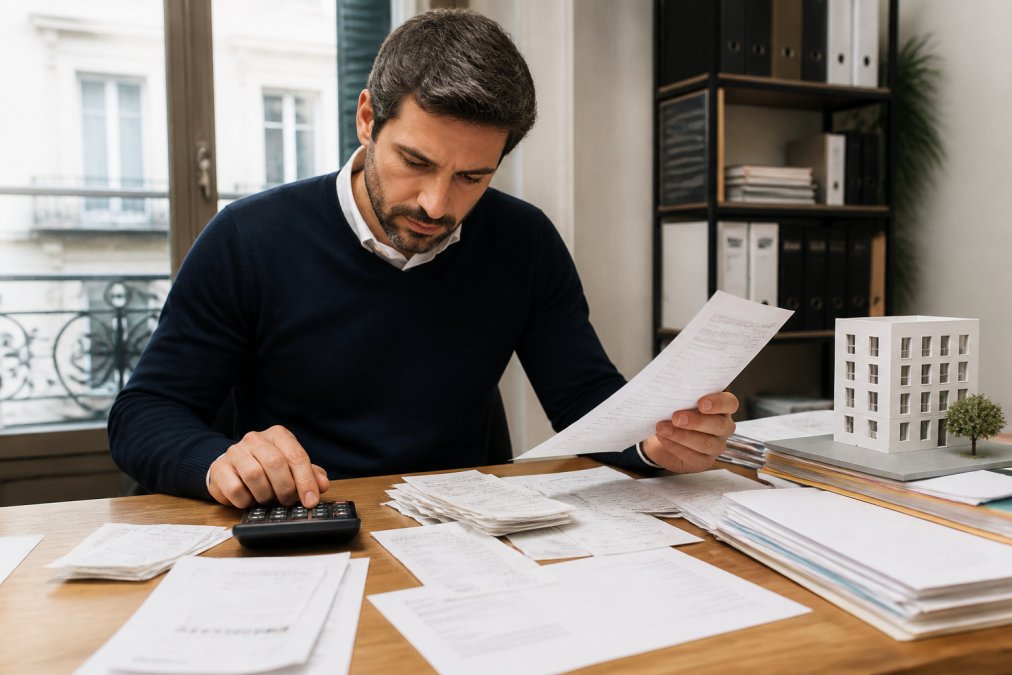 Propriétaire d'immeuble de rapport examinant des documents financiers, des factures d'entretien et des relevés de charges à son bureau avec des graphiques et des calculatrices