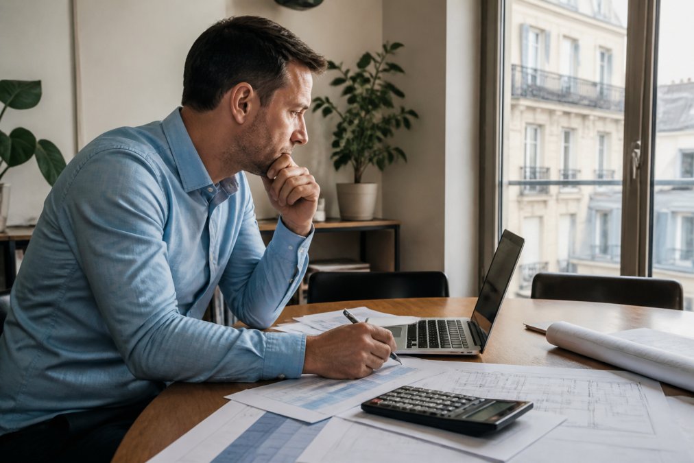 Investisseur immobilier utilisant un ordinateur portable pour analyser des données financières, des tableaux Excel et simuler des rendements d'investissement locatif dans un bureau moderne