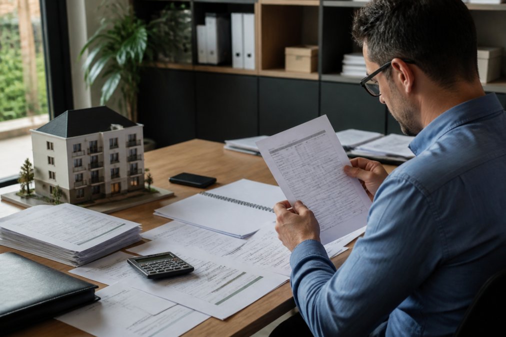 Propriétaire immobilier examinant des documents financiers détaillés et des relevés de charges à son bureau, avec un ordinateur portable affichant des données locatives et des graphiques de rendement