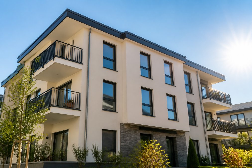 Immeuble de rapport rénové avec façade moderne, bien entretenue et fenêtres performantes, symbole d'une propriété valorisée et rentable sous le soleil