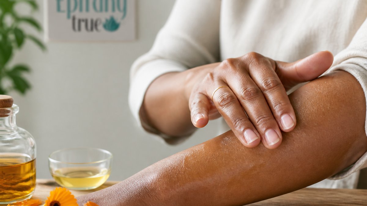 Close-up of hands gently applying calendula oil to dry skin on forearm, showing proper application technique with fingertips