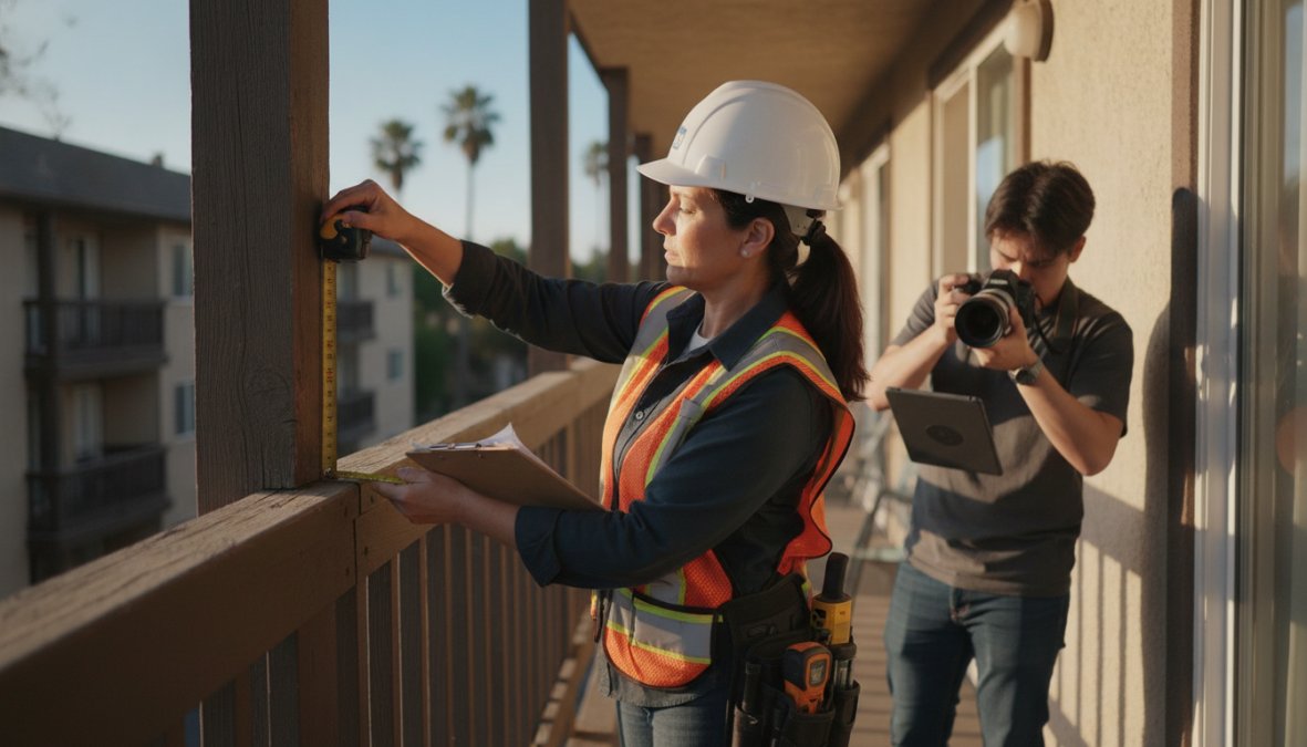 Licensed structural engineer conducting a detailed visual inspection of a residential balcony, using calipers and a moisture meter while taking handwritten notes on a clipboard, late afternoon natural light