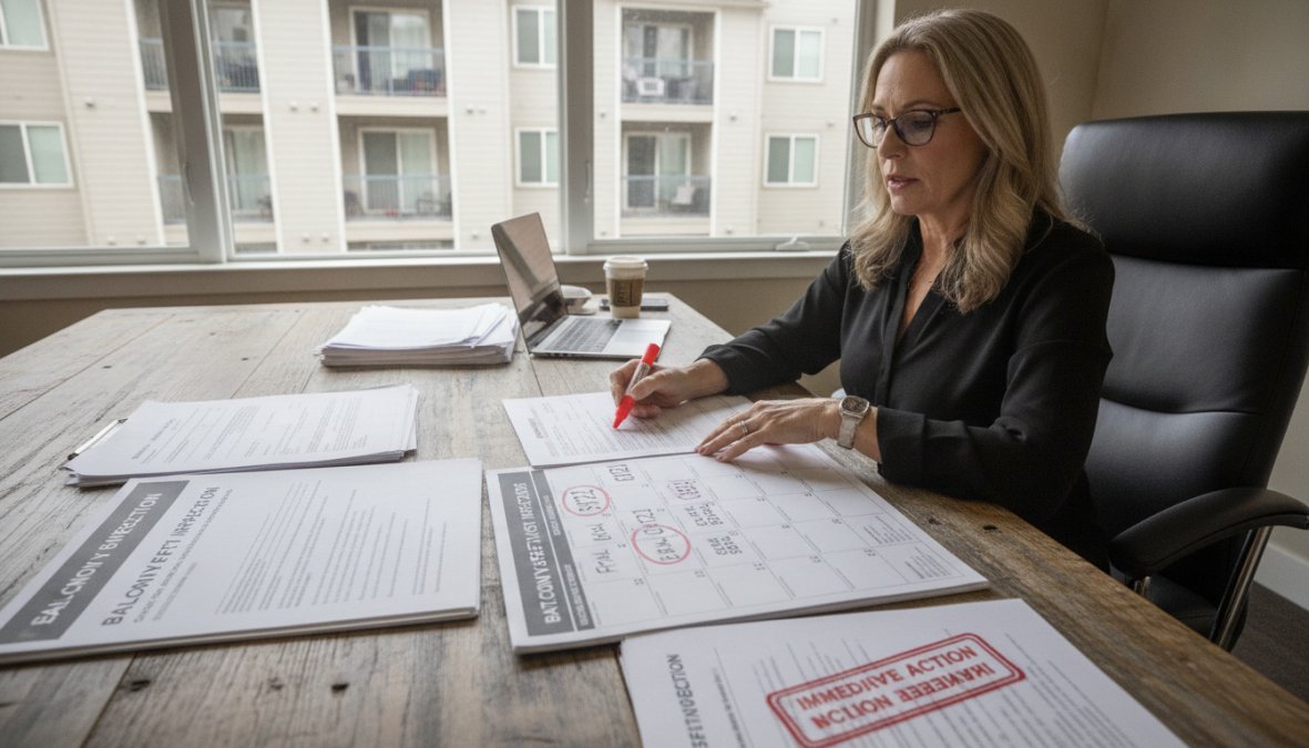 Property manager reviewing inspection documents and compliance checklist at a desk with a calendar marking balcony safety law deadlines, natural office lighting