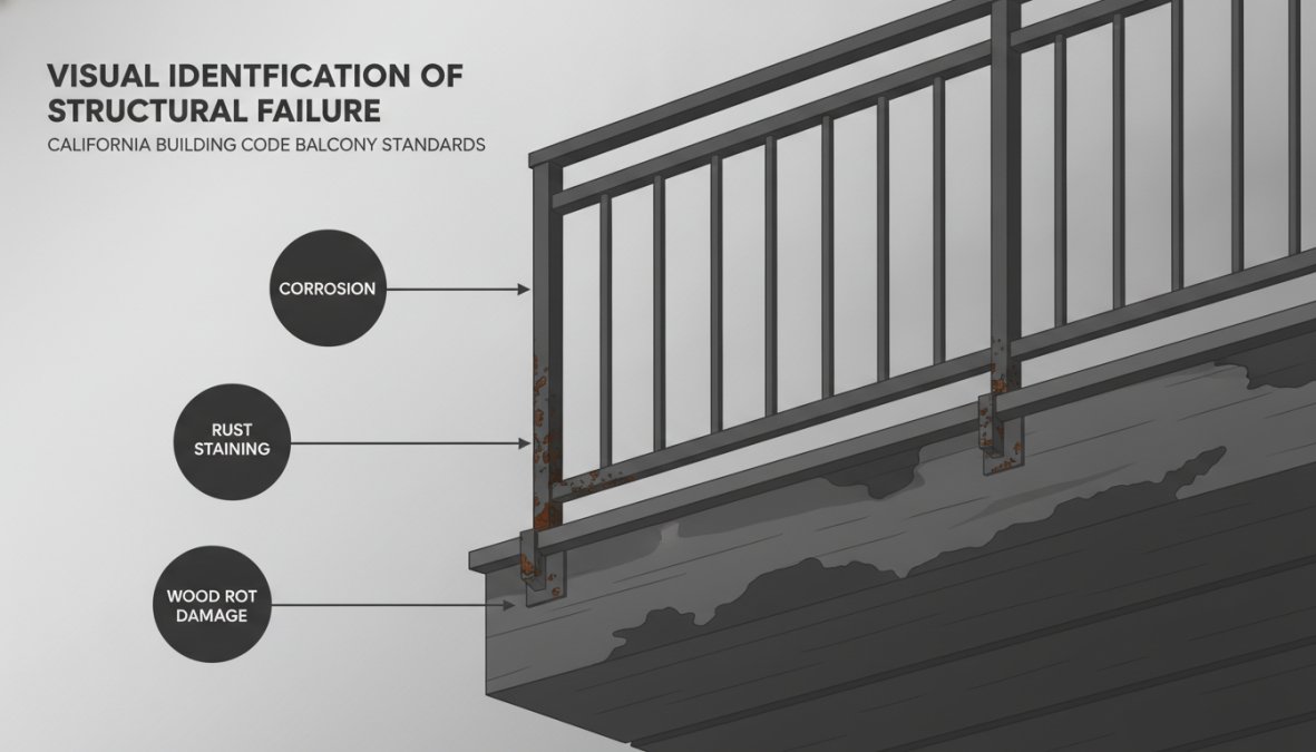 Close-up of a balcony railing showing visible rust staining, corroded fasteners, and deteriorated wood support structure with water damage