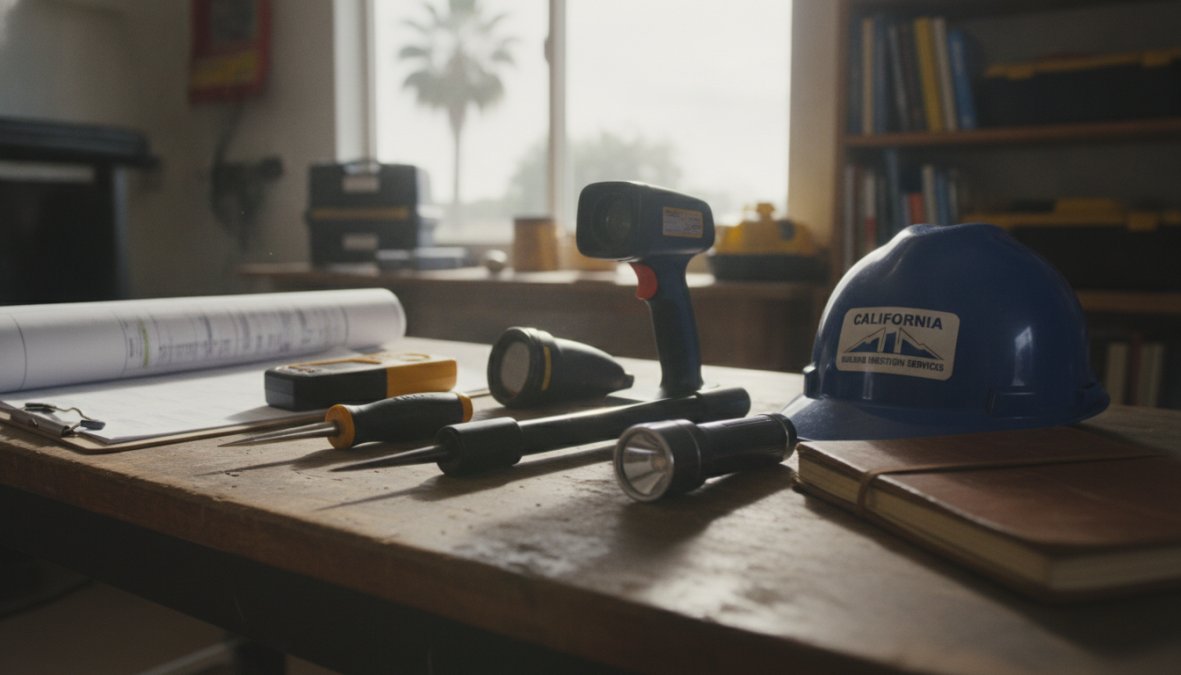 A licensed building inspector in a hard hat and safety vest examining the underside of a wooden balcony deck, using a moisture meter and taking handwritten notes on a clipboard, natural daylight casting shadows across the weathered wood framing