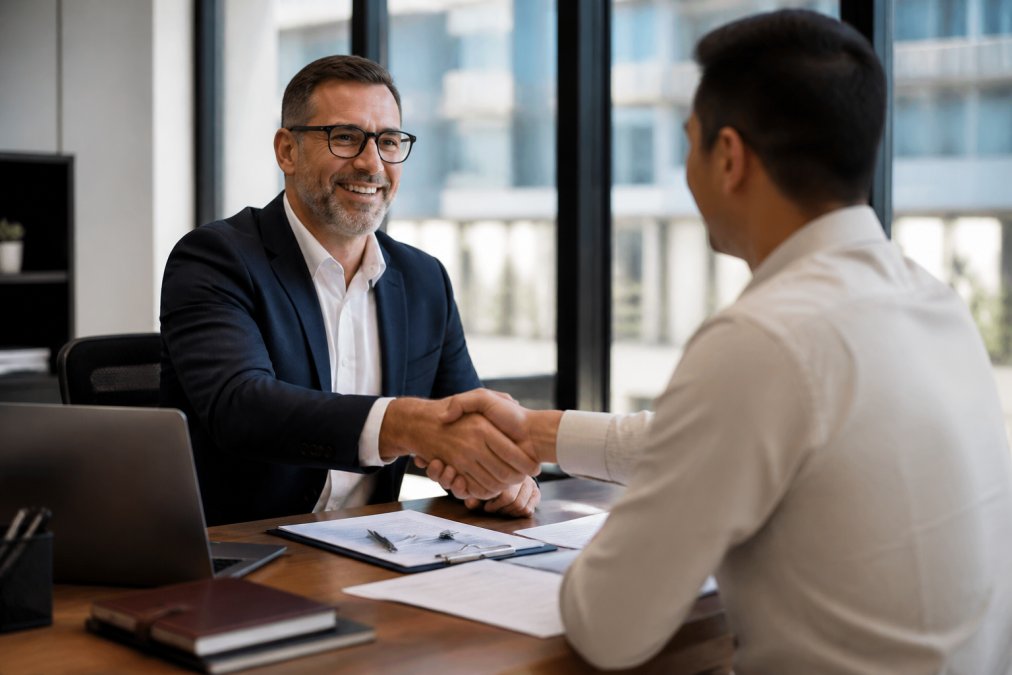 Business owner and attorney shaking hands across a desk in a modern office, with contract documents and laptop visible, natural lighting from office windows
