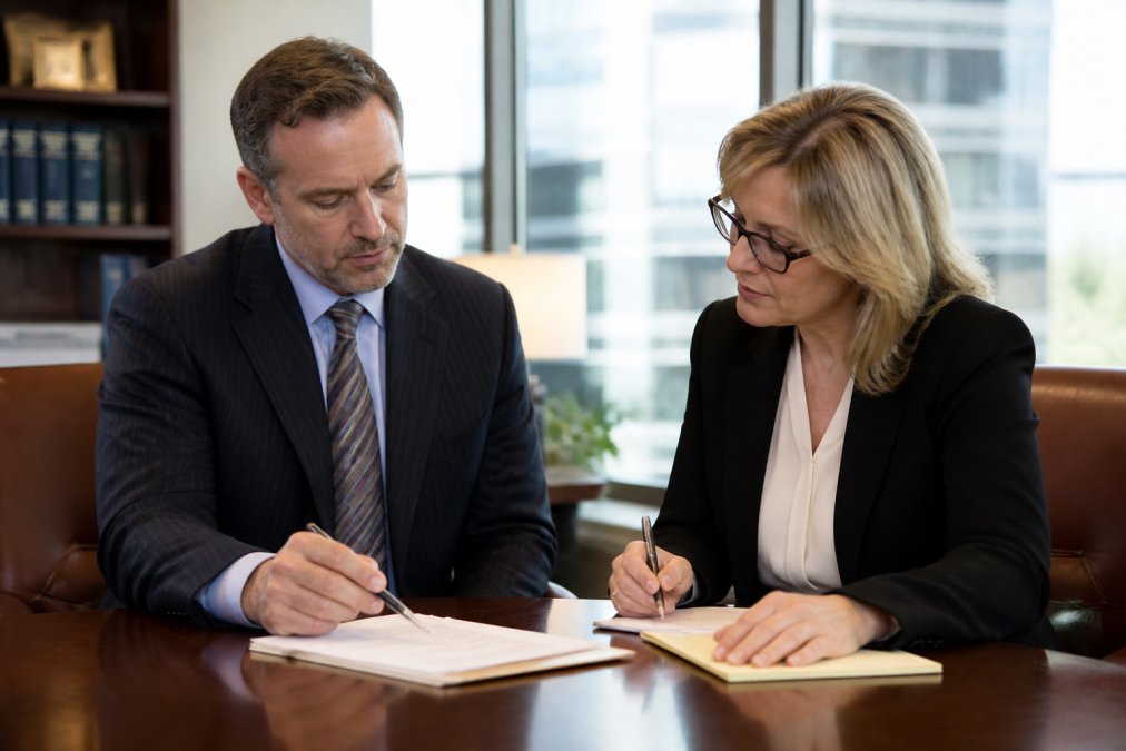 Two professionals in business attire collaborating at a desk with documents and notes, suggesting an established working partnership in a modern office environment
