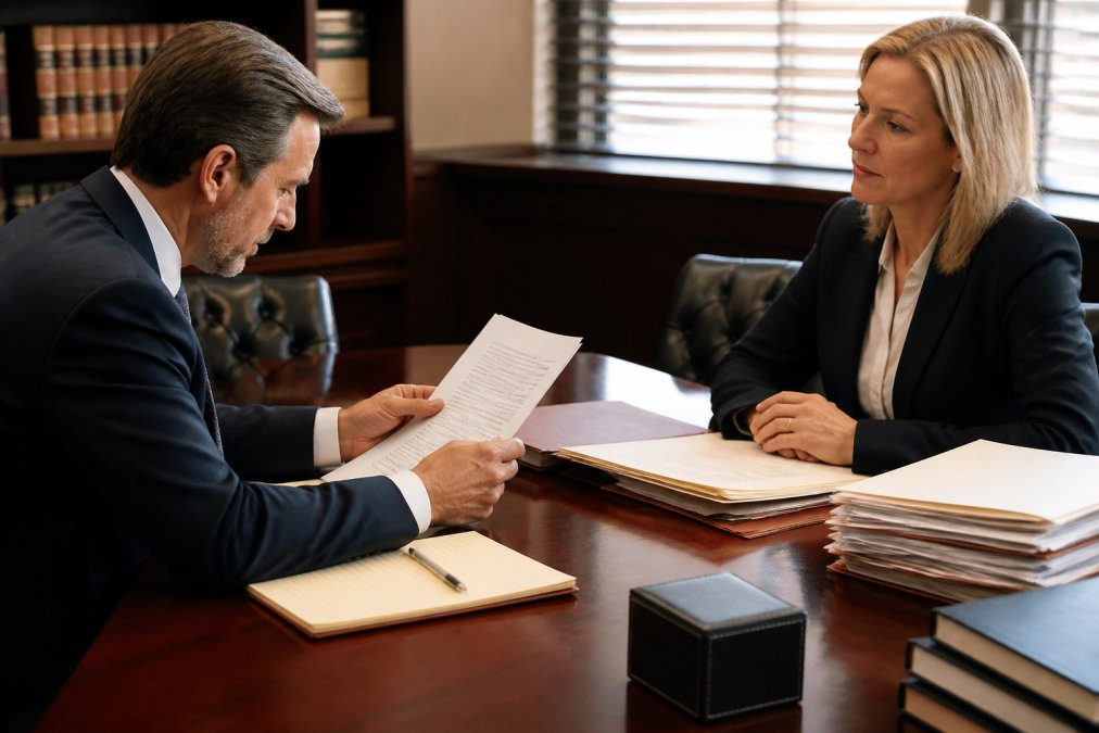 A business owner in professional attire reviewing a commercial lease document at a conference table with an attorney seated across from them, legal folders and a laptop visible in warm office lighting