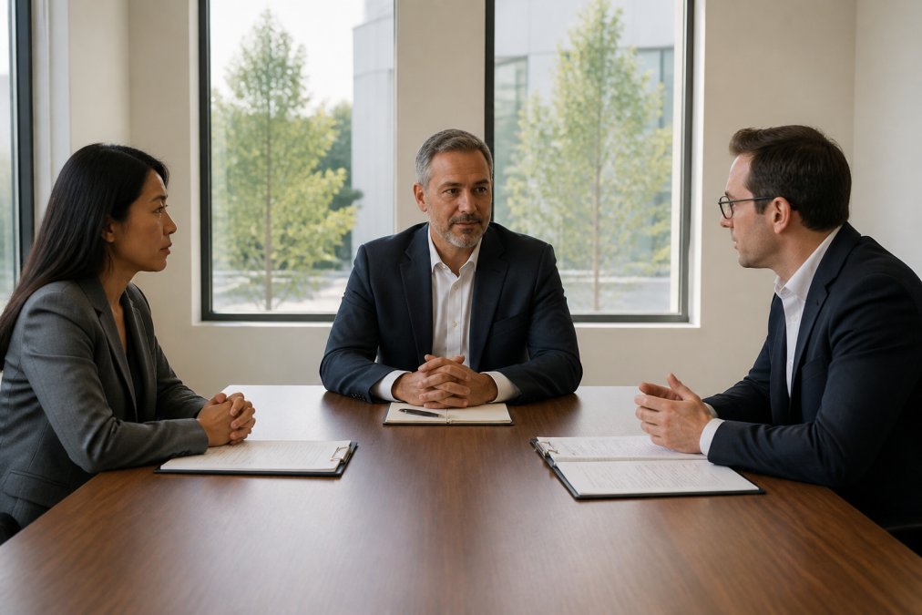 Two professionals in business attire seated across a table in a neutral mediation room, each with documents in front of them and a third-party mediator at the head of the table, natural light from large windows