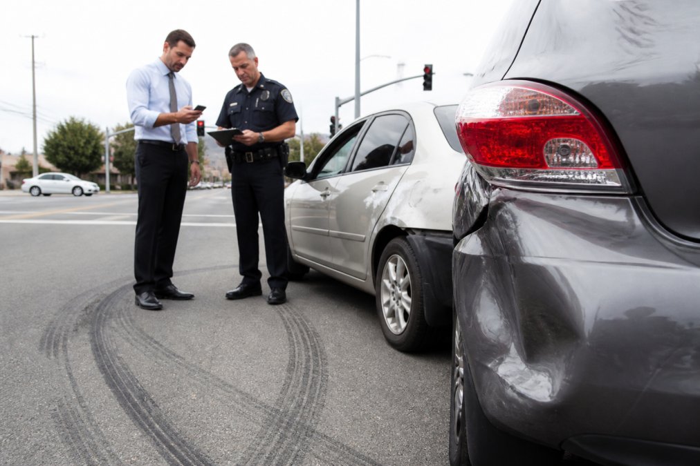An insurance adjuster and a police officer examining two damaged cars at an intersection, with one car showing rear-end damage and skid marks visible on the asphalt