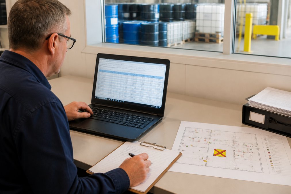 Safety manager reviewing hazardous materials for an environmental reporting system at an industrial office desk.