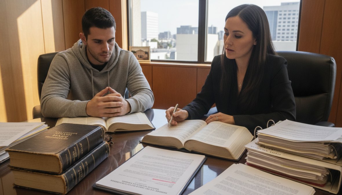Criminal defense attorney reviewing case files and legal documents with a client in a professional law office consultation room with natural lighting