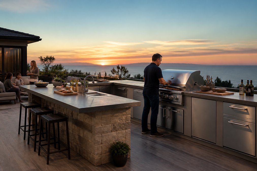 L-shaped outdoor kitchen with stone island and grill in a sunset California kitchen design backyard scene