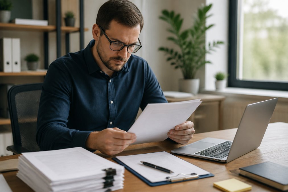Business owner reviewing compliance documents and privacy policy at organized desk with checklist and laptop, professional workspace with natural lighting