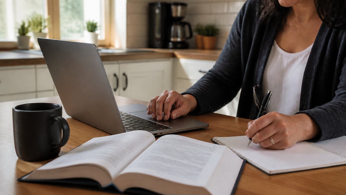 A person studying notary materials on a laptop at a kitchen table with a coffee mug and notebook, natural light coming through a window, relaxed home setting