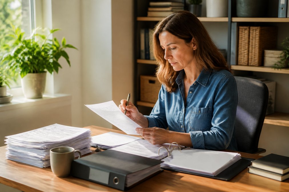 Small business owner reviewing payroll records and software dashboard on a computer in a bright home office workspace with natural sunlight