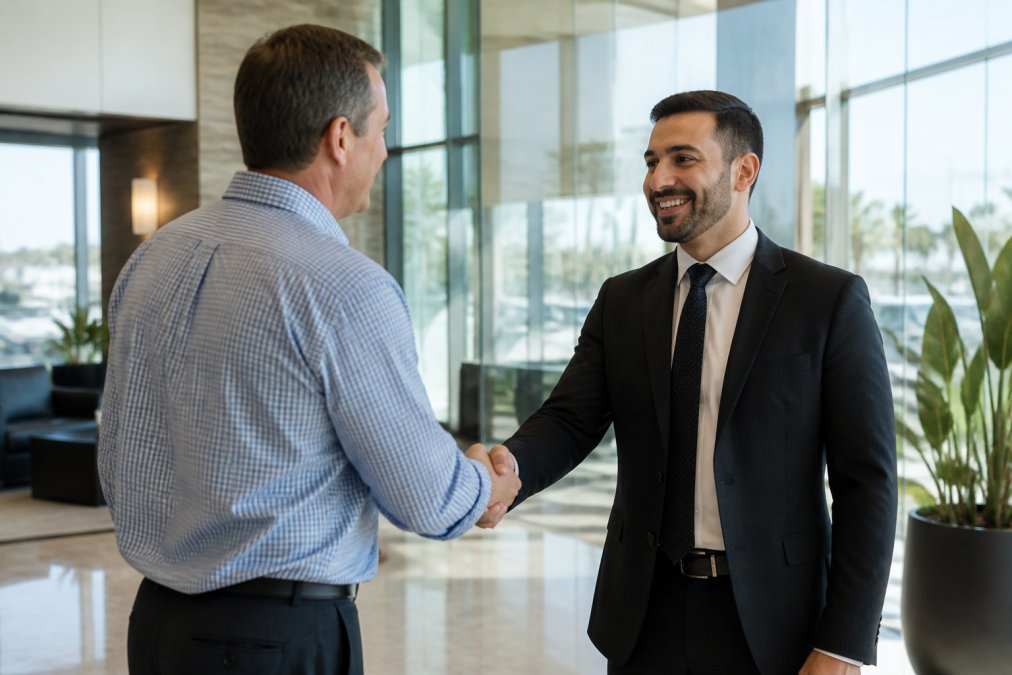 A client shaking hands with a professionally dressed attorney in a bright modern law office lobby, both smiling, with glass walls and natural light creating a warm professional atmosphere