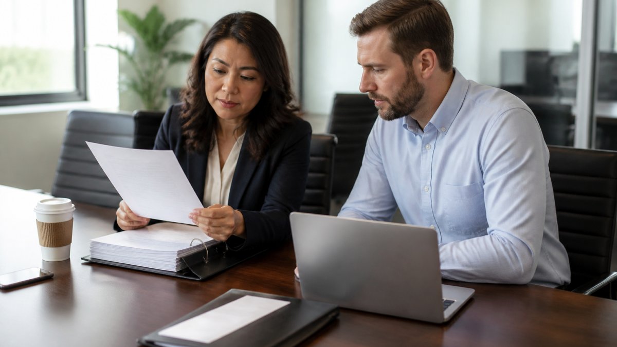 A compliance manager and a sourcing colleague reviewing supplier audit documents and a laptop on a conference table in a bright office