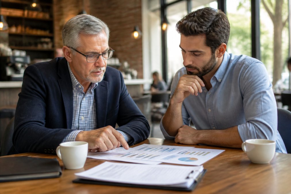 Experienced mentor and young entrepreneur having a one-on-one consultation at a coffee shop, reviewing business documents and discussing strategy with natural afternoon lighting