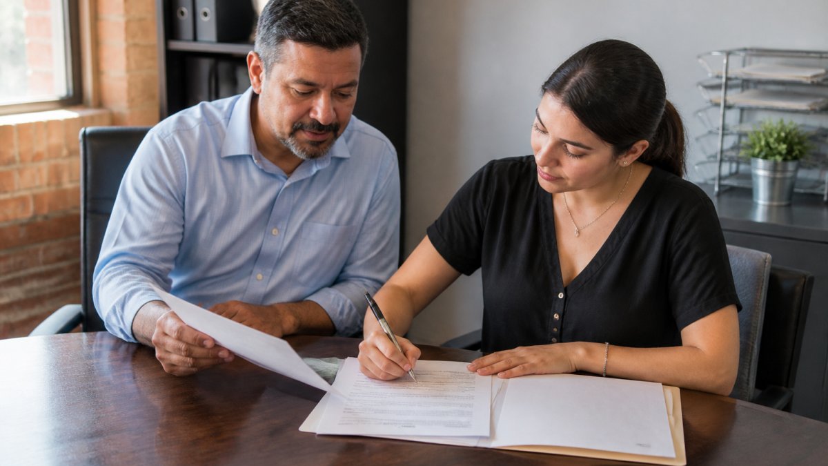 A small business owner and a new employee sitting at a desk in a modest office, reviewing paperwork and signing forms together, with a laptop and folder of documents visible