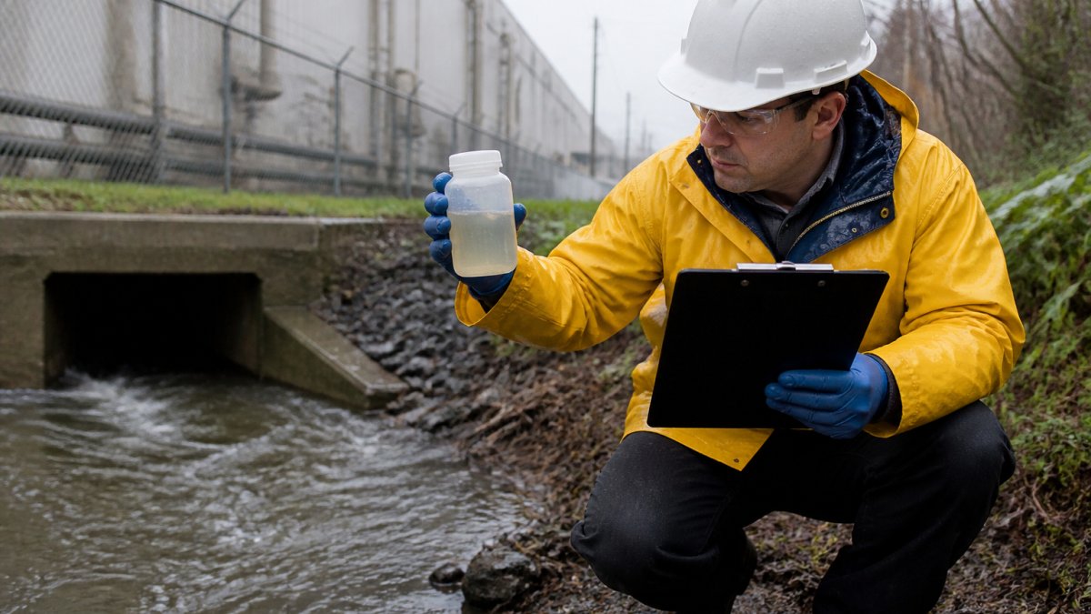 A field technician in a hard hat and rain gear collecting a stormwater grab sample from an industrial outfall during rainfall, holding a sample container in one hand and a field log clipboard in the other